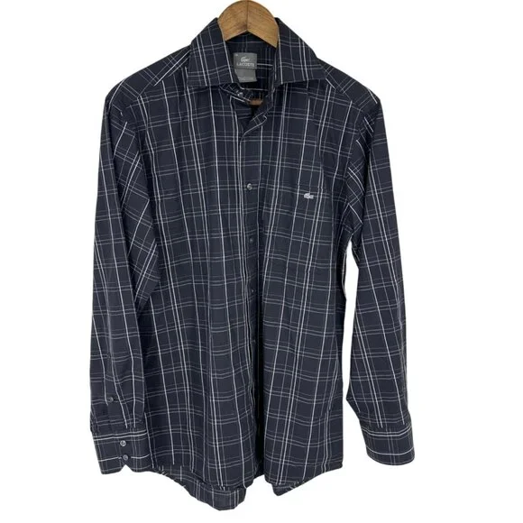 Lacoste Mens Navy & White Plaid Long Sleeve Button-Up Shirt Size 40 M - Picture 1 of 9